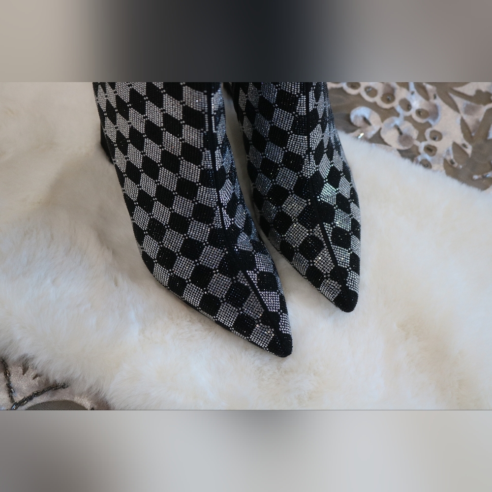 Wild Pair Ingridd Pointed Toe Bling Dress Booties, 7.5M- Black/White Checker - Picture 5 of 9